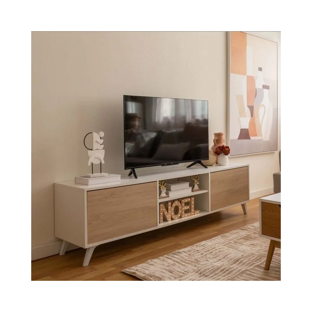Mueble de TV de Diseño Nórdico + 2 Estantes, 2 Estantes y 2 Puertas,Cambrian-Blanco, 49cm(Al) x 180cm (Anc) x 40cm (Fon)