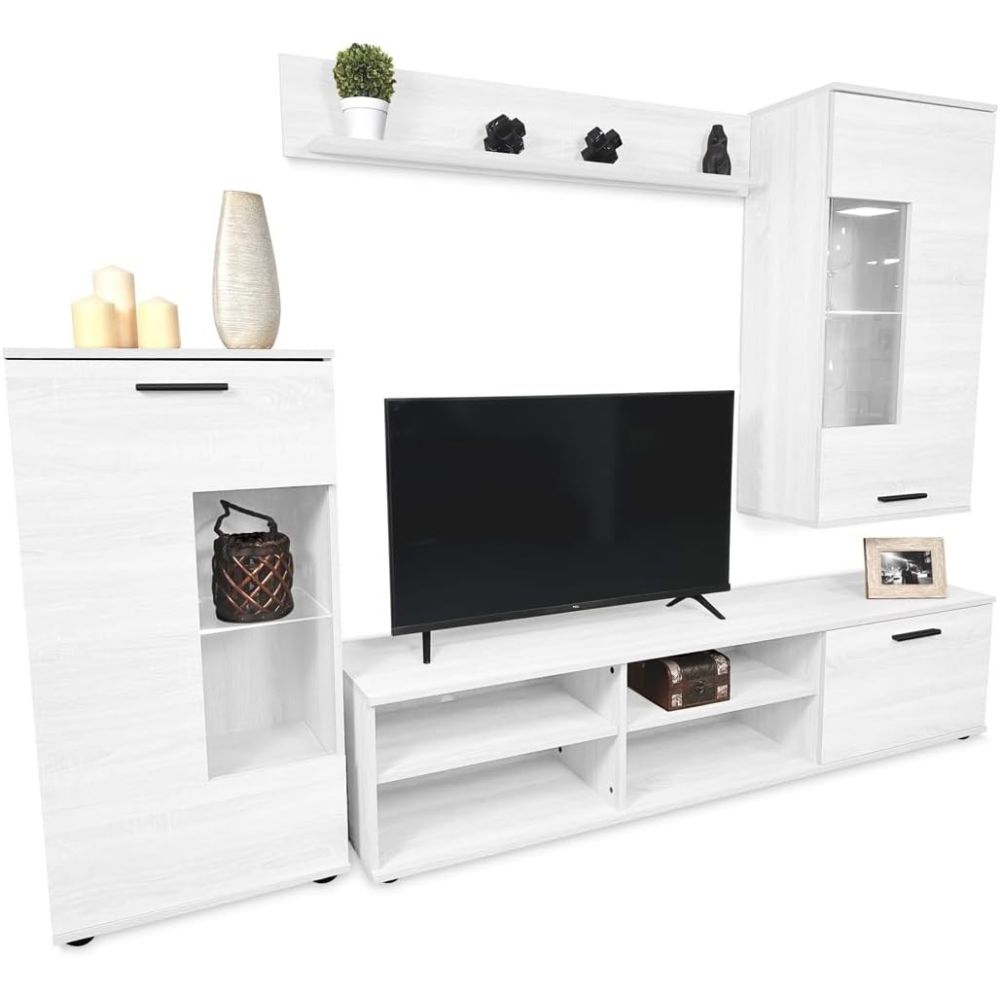 Mueble de Salón Moderno con Leds, Acabado en Andersen, Medidas: 229 cm (Ancho) x 200 cm (Alto) 38 cm (Fondo)