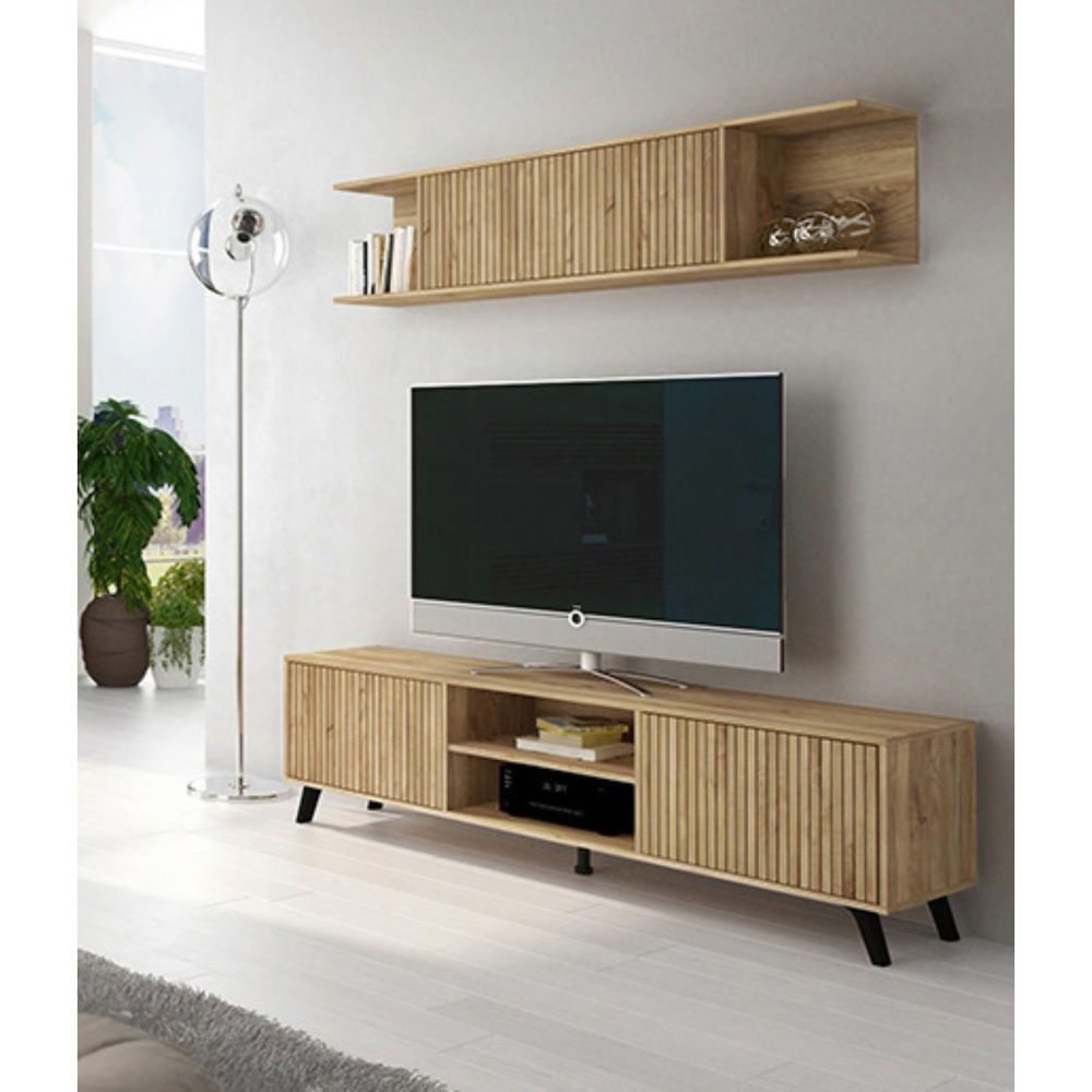 Conjunto de Salón Mueble Completo: Bajo TV, Vitrina, Estantería Decorativa y 2 Estantes - Color Mauvella Rayas