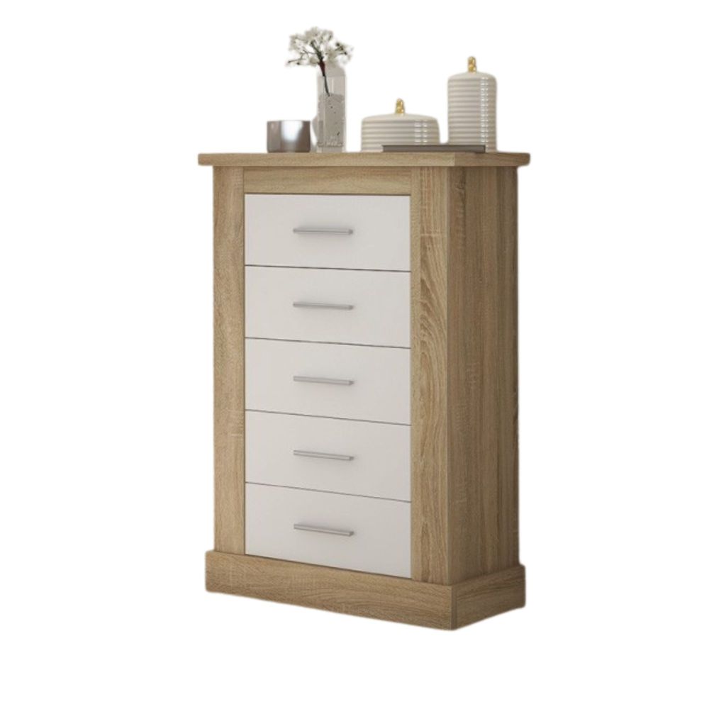 Pack de Dormitorio con Cabecero de 160 x 120 cm + 2 Mesitas de Noche + Sinfonier | Color Cambria y Blanco