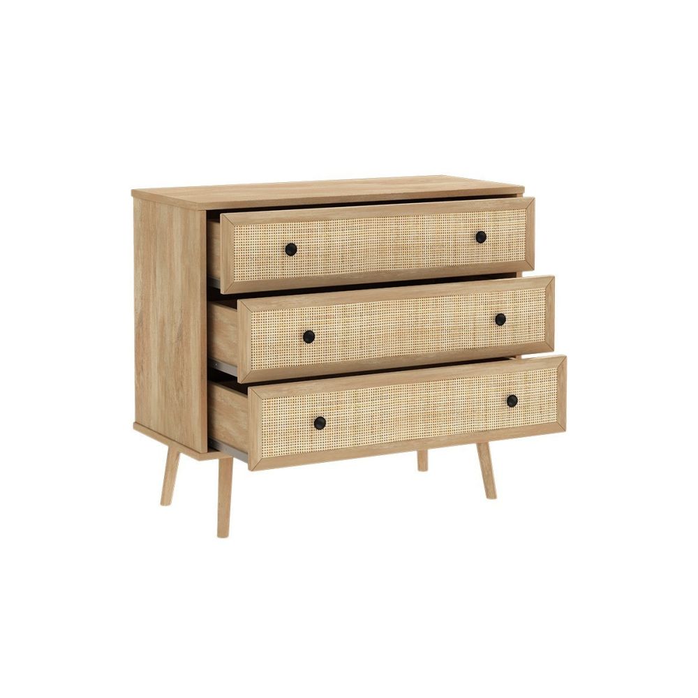 Cómoda de 3 Cajones con Patas de Madera - Color Natural - 90x39x79 cm - Mueble de Almacenamiento para Dormitorio