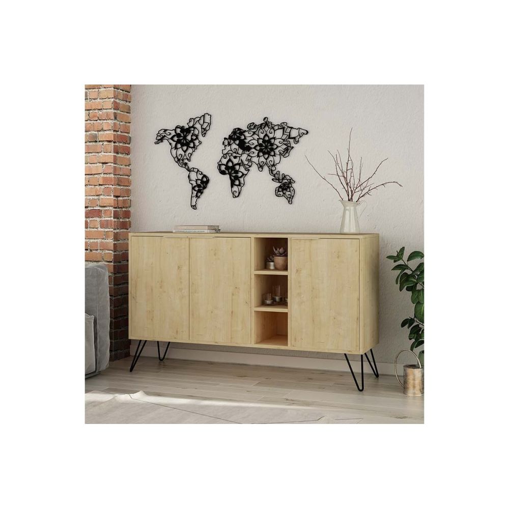 Buffet en Roble Claro 3 puertas con Patas de Metal, 142x35.5x83 cm.